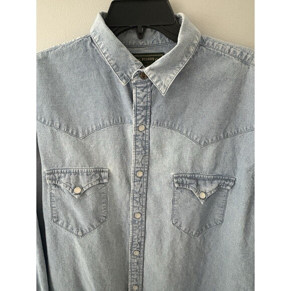 Vtg CC Filson Denim Shirt Mens Large Pearl Snap Cowboy Western Rodeo Work